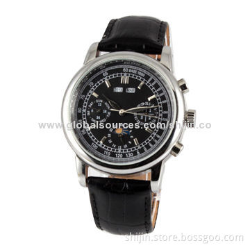Stainless Steel Vogue Watch with Genuine Leather Band, for Men, Date, Chronograph